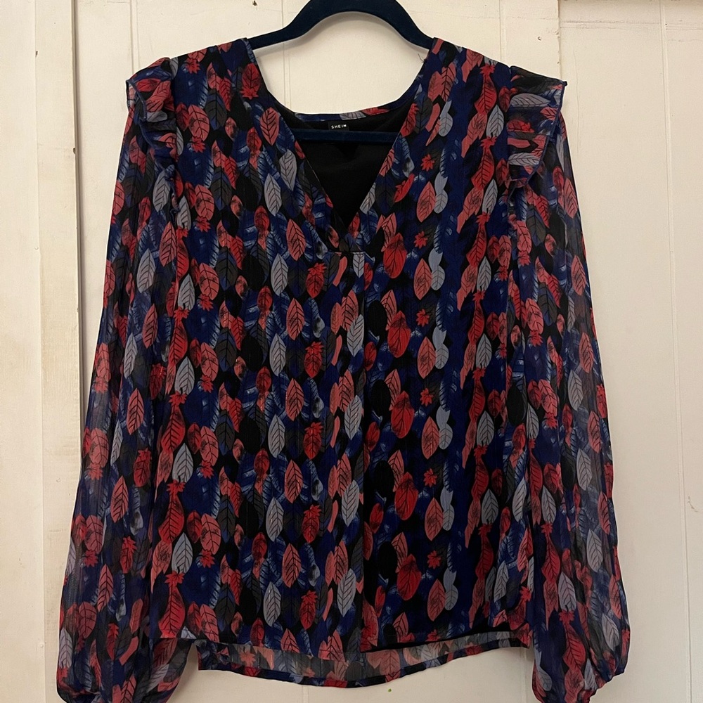 SHEIN Leaf Print Blouse - Blue and Pink
